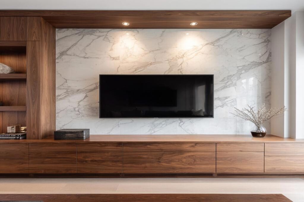 contemporary canadian walnut tv unit design with marble inspired panels img